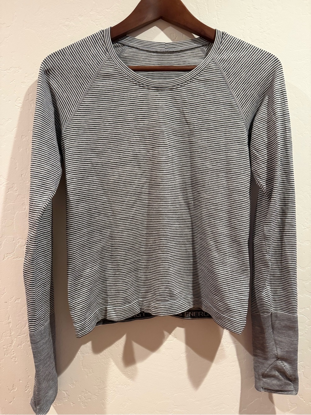 Lululemon Swiftly Tech White and Gray Thin-Striped Long Sleeve Top